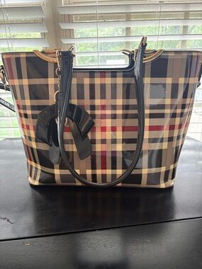 Plaid Patent Vegan Tote Handbag - Black, Beige & Red